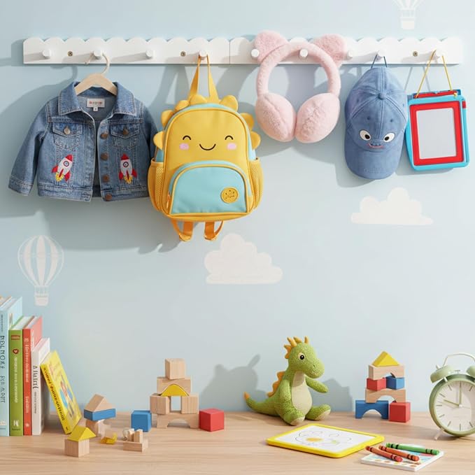 Leinuosen 1 Pack Scalloped Coat Rack Wall Mount Cute Nursery Wall Hook 31.5 Inch 8 Hooks Wood Backpack Hanger for Toddler Kids Clothes Hat Towel Keys Bathroom Classroom Playroom Nursery Decor