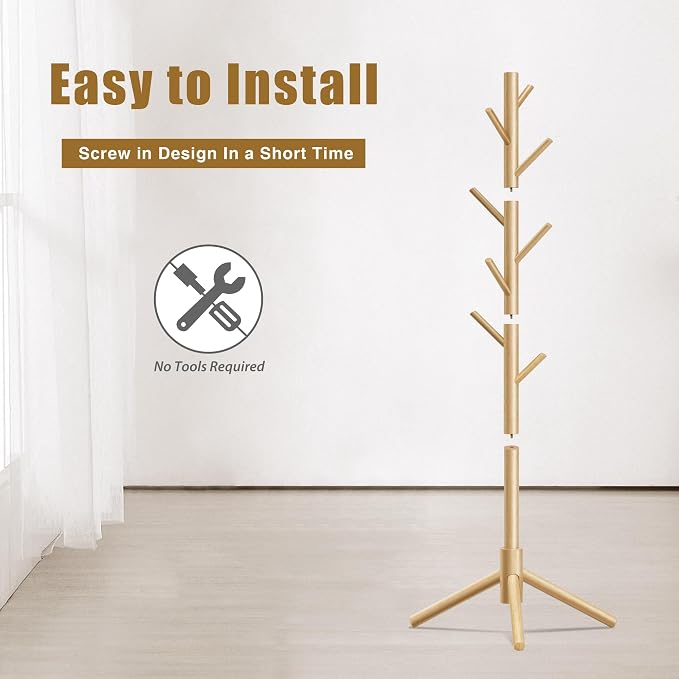 8-Hook Freestanding Coat Rack 3 Adjustable Heights Nature 2PCS | Easy Tool-Free Setup,Ideal for Entryway Bedroom Hallway Office,Holds Clothes Hats Handbags,Space-Saving Vertical Design
