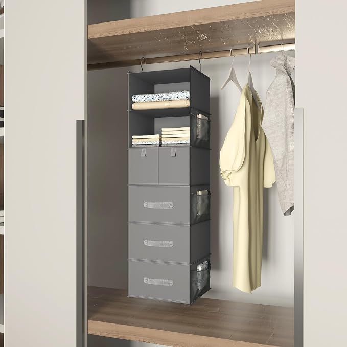 6-Shelf Hanging Closet Organizer with 5 Drawers, Non-Woven Storage, Gray | Spacious compartments sort clothes & undergarments; foldable drawers add hidden storage for closets, wardrobes or RVs.