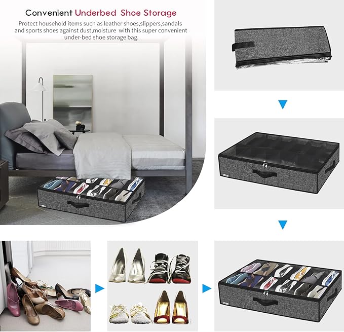Onlyeasy Sturdy Under Bed Shoe Storage Organizer, Set of 2, Fit 12 to 24 Pairs, Underbed Shoes Closet Storage Solution with Clear Window, Breathable, L29.3 x W23.6 x H5.9, Linen-like Black, MXAUBSB2P