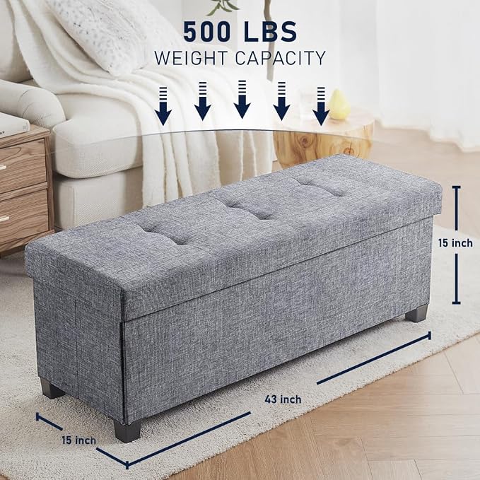 Ornavo Home 43" Large Storage Ottoman Bench with Legs, Gray | Foot Rest Stool; Ottoman with Hidden Storage; Ideal for Bedroom, Living Room, Entryway or Home Office