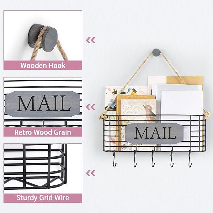 SRIWATANA Mail Organizer Wall Mount, 5 Key Hooks, Large, Weathered Grey | Mail Holder Key Holder for Wall, Hanging Mail Sorter, Letter Basket for Receipts Bills Envelopes, Home & Office Organizer