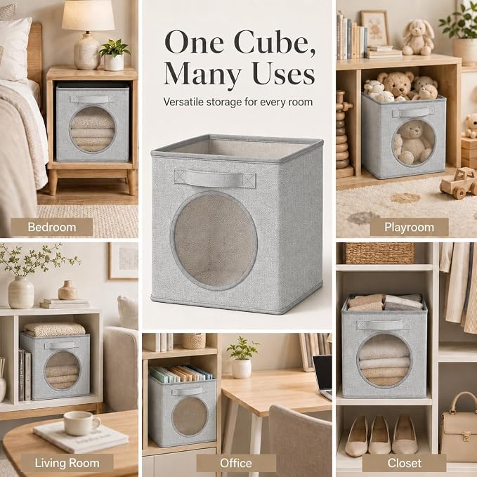 Fabric Storage Cubes with Mesh Window, 11'' Cube Storage Bin, Gray, 4 Pack | See through Round Window, Foldable Odor-Free & Sturdy PP Structure, Cubby Baskets for Closet, Shelves, Bedroom and Offices