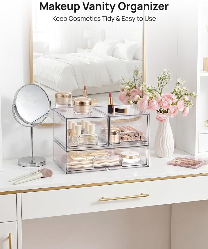 Vtopmart Stackable Storage Drawers Set of 3,Clear Plastic Organizer Bins for Makeup, Cosmetics, Beauty Supplies,Ideal for Vanity, Bathroom,Cabinet,Pantry Organization