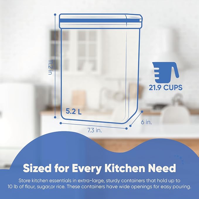 Chef's Path Large Airtight Food Storage Containers with Lids, Pack of 2, 5.2L, 175Oz, Airtight Kitchen and Pantry Bulk Canisters for Flour, Sugar, Rice, and Baking Supplies - Transparent
