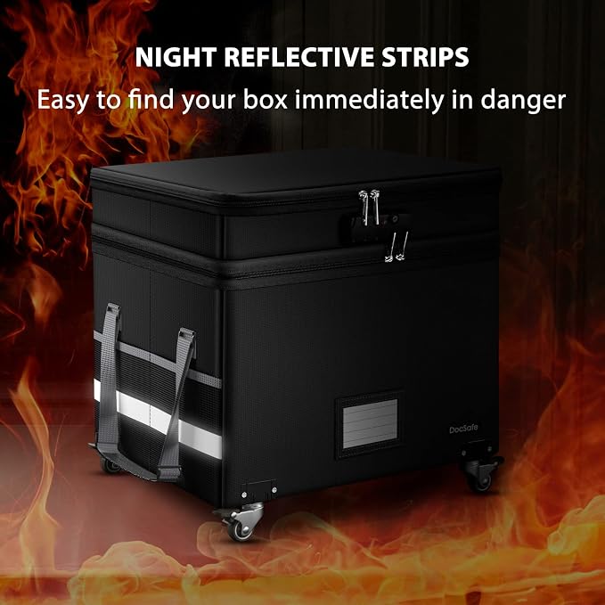 DocSafe Fireproof Document Box with Lock,2-Layer File Box with Wheels,Collapsible File Storage Organizer with Pockets,Large Portable Home Filing Cabinet for Hanging Folders,Black,16''x13.8''x12.2''