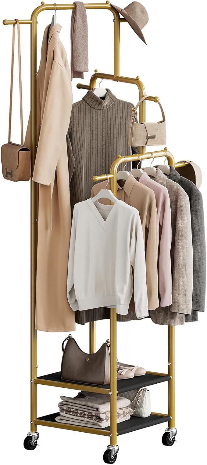 Chrislley Small Clothing Rack With Wheels & 2 Shelves, Narrow Clothes Rack | 3-Section Different Heights Metal Rolling Garment Rack, 71" Tall Portable Coat Rack with 6 Hooks for Bedroom, Entryway, Gold