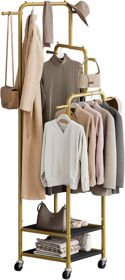 Chrislley Small Clothing Rack With Wheels & 2 Shelves, Narrow Clothes Rack | 3-Section Different Heights Metal Rolling Garment Rack, 71" Tall Portable Coat Rack with 6 Hooks for Bedroom, Entryway, Gold