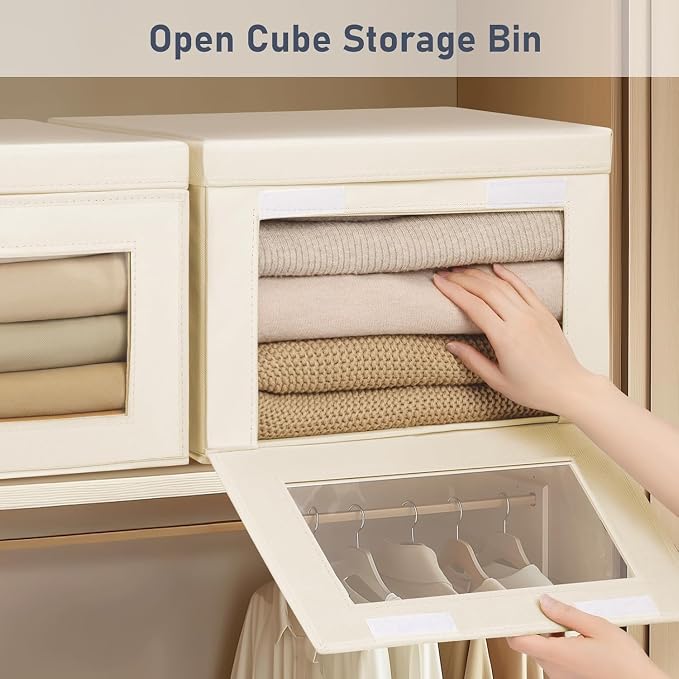 DIMJ Storage Bins with Lids - 6 Pack Fabric Closet Organizer with Window & Handles, Collapsible Decorative Storage Boxes for Shelves Under Bed, Books Clothes Blankets Sweaters Organization