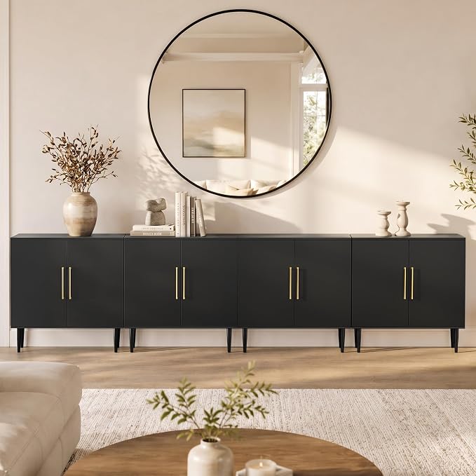 Set of 4 Black Storage Cabinet with Doors, Modern Accent Cabinet, Free Standing Cabinet with Adjustable Shelf, Wooden Buffet Sideboards for Living Room, Kitchen, Dining Room, Entryway