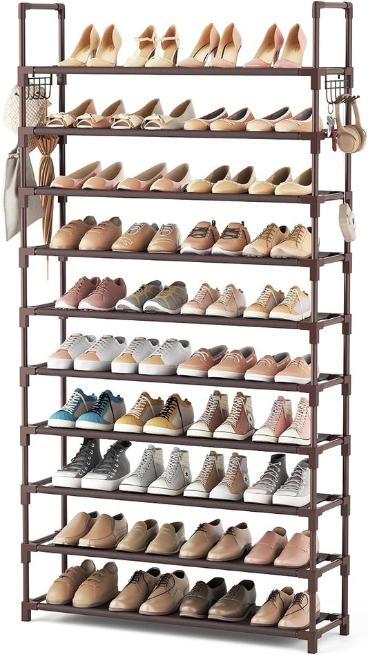 VTRIN 10 Tiers Shoe Rack Tall Large Capacity Wide Shoe Organizer Sturdy Shoe Shelf for Entryway with Two Hooks Metal Shoe Storage for Closet, Bedroom, Brown