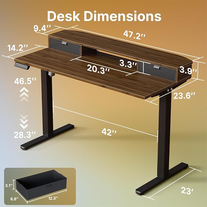 HUANUO 47.2" X 23.6" Electric Standing Desk with 2 Drawers, C-Clamp Mount Compatible, Height Adjustable Computer Desk, Home Office Stand Up Desk with 4 Preset Heights & 2 Hooks, Walnut