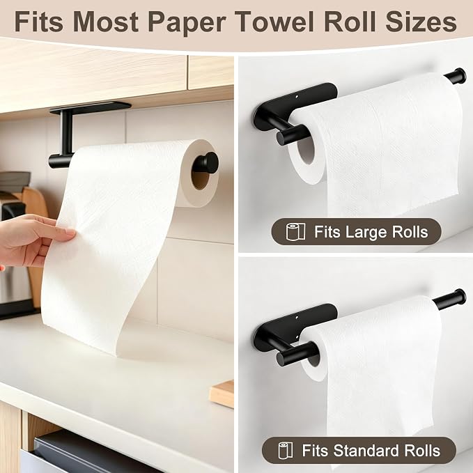 Paper Towel Holder, 2-Pack US304 Stainless Steel Wall Mount Rack, Self-Adhesive No Drilling, Rustproof Space Saving Under Cabinet Mount, Organizer for Kitchen, Bathroom, RV, Pantry (Black)