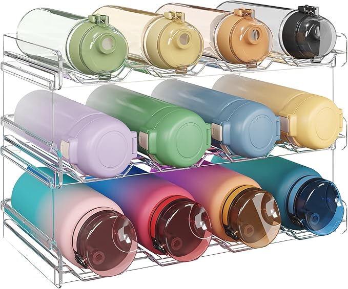 Lifewit Stackable Water Bottle Organizer for Cabinet, Plastic Bottle Holder Fits Bottles/Tumblers up to 3.8" Diameter for Pantry/Countertop, 3 Tier Holds 12 Bottles 41 x 20 x 24 cm/16" x 8" x 9.5"