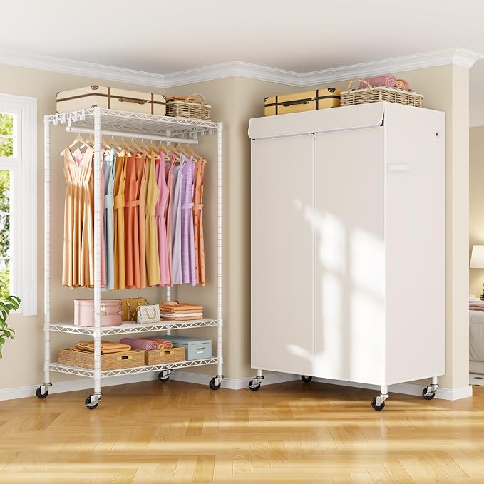 P6C Rolling Clothes Rack with Cover, 3-Tier Covered Clothing Rack | Portable Closets for Hanging Clothes, Heavy Duty Garment Rack on Wheels, White Closet Rack with White Cover, Max Load 365LBS
