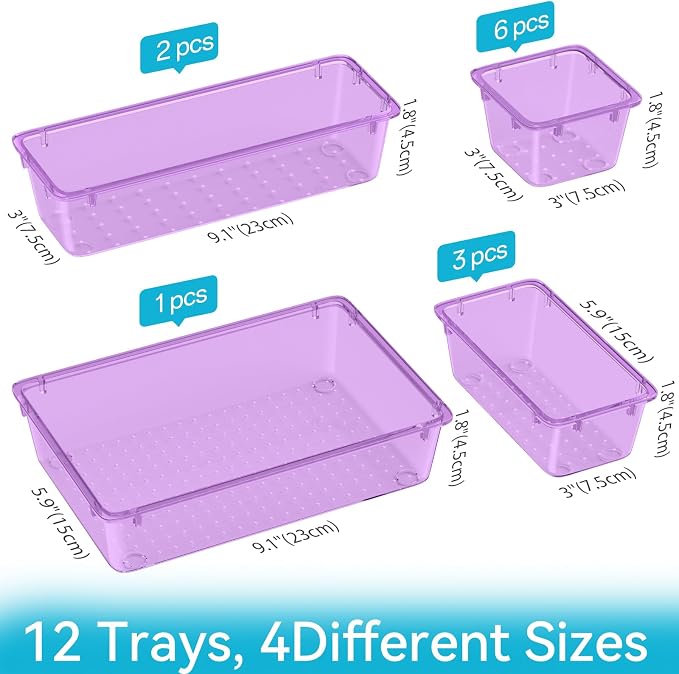 12 PCS Drawer Organizer Set, Makeup Organizers, Tool Storage Trays, Pueple | 4 Sizes, Plastic, Stackable, Multiple Gadgets, Desk Drawer Divider Organizers, for Makeup, Office Supplies Storage