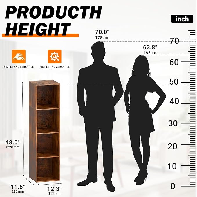 Cube Storage Organizer, 4 Cube Retro Bookshelf, Freestanding 4 Tier Open Shelf, Rustic Brown Retro Shelves for Home Office, Bedroom, Living Room, Study