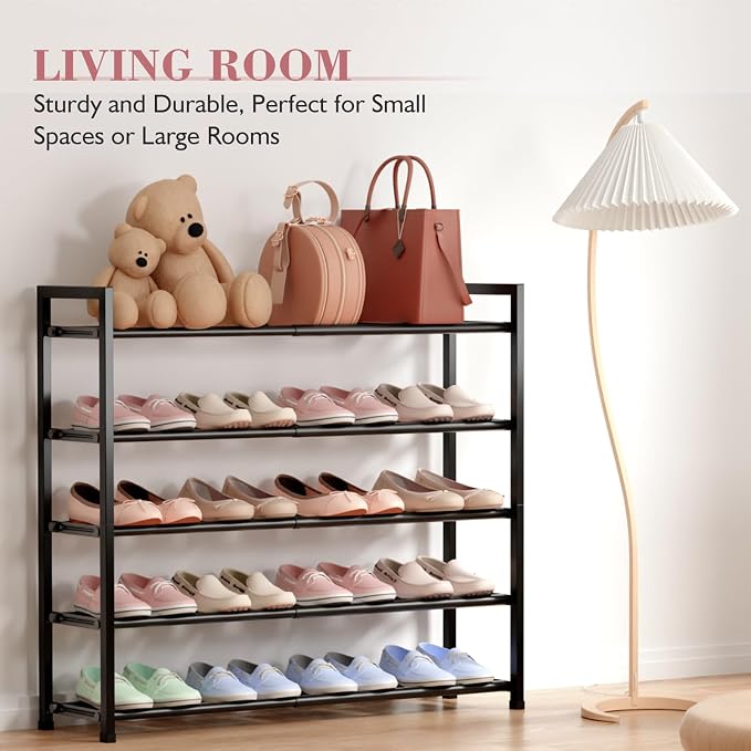 Bumusty 5 Tier Expandable Shoe Rack for Closet, Black | 18"-33" Adjustable Shoe Rack for Entryway, Small Shoe Organizer for Dorm, Front Door, Sturdy Metal