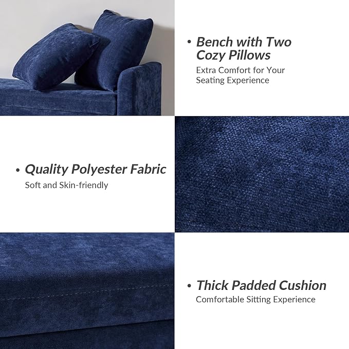 HULALA HOME 59" Storage Bench with 2 Throw Pillows & Armrests, Navy | Modern Long Bedroom Bench for End of Bed, Comfy Upholstered Fabric Footstool for Entryway Living Room
