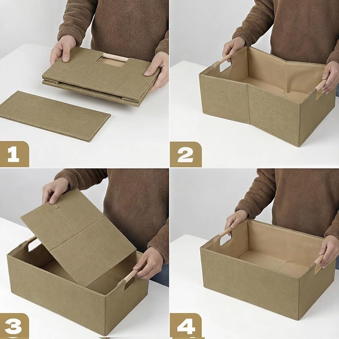 Foldable Fabric Storage Baskets Set of 2 for Shelves, Linen Decorative Storage Bins with Wooden Handles, Small Organizer Cubes for Closet, Rectangle Canvas Boxes for Organizing, Decor (Brown 2 Pack)