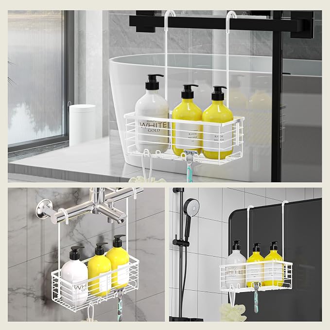 DELLAN Hanging Shower Caddy, Shower Rack Hanging for Bathroom, White | Shower Rack with Hooks Over the Door, Bathroom Shower Caddy and Basket