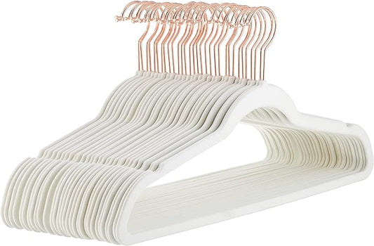 Amazon Basics Slim Velvet Non-Slip Space Saving Suit Clothes Hangers, Closet Organizer, Ivory/Rose Gold, 30-Pack