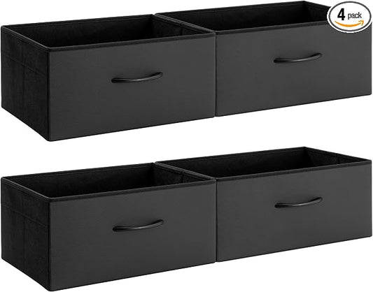 StorageWorks Black Storage Bins, Leather Front Fabric Storage Bins with Handles, Closet Organizers and Storage Bins, Organizer Baskets for Shelves, Collapsible Storage Baskets, Large, 4-Pack