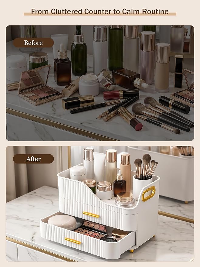 Booklov Large Makeup Organizer for Vanity, Bathroom Countertop, White | Plastic Cosmetic Display Case with Drawers, Beauty Brush Holder for Dresser Counter Skincare Eyeshadow Lipstick Storage
