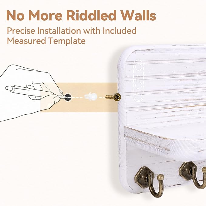 Key Holder for Wall, Mail Organizer Wall Mount with 6 Hooks Wooden Hanging Key Rack for Home Decor, Hallway, Entryway (Vintage White)