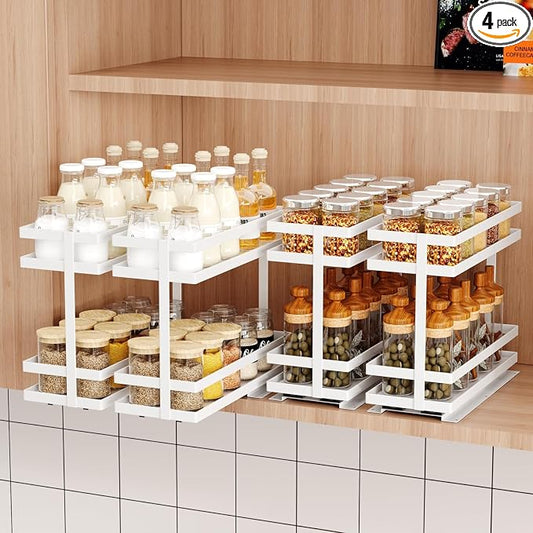 Mustorn 4 Pack Pull Out Spice Rack Organizer for Cabinet, 2 Tier Metal Slide Out Seasoning Organizer and Storage Heavy Duty Vertical Spice Rack Shelf Pullout for Kitchen Cabinets No Drilling (White)