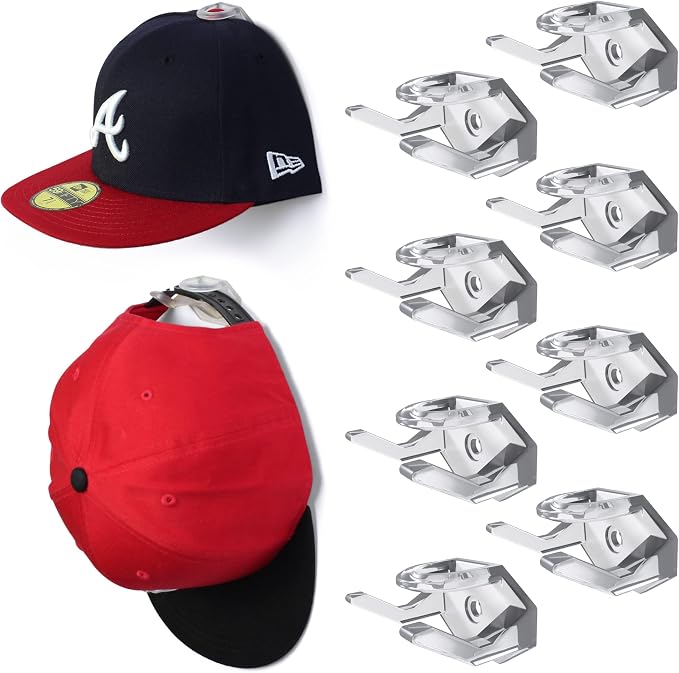 Adhesive Hat Hooks for Wall (8-Pack) - Hat Rack for Baseball Caps, Minimalist Hat Display, Strong Hold Hat Hangers for Wall - USA Patented, Clear