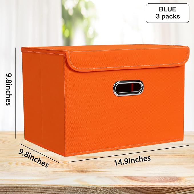 Linen Fabric Foldable Collapsible Storage Cube Bin Organizer Basket Fabric Storage Bins with Lid, Leather Handles, Removable Divider for Home, Closet, Orange