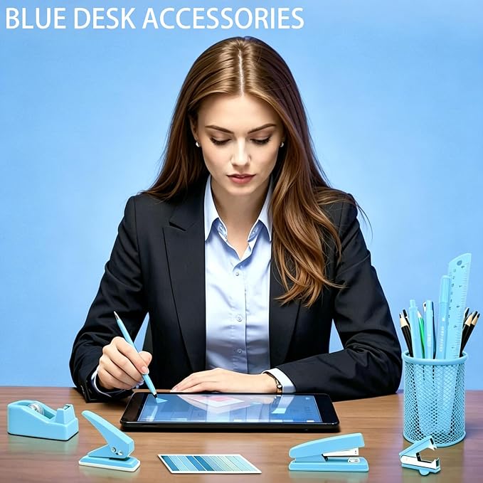 JIZHIYUAN Blue Desk Accessories Set - 16 Pcs Blue Office Supplies with Stapler, Tape Dispenser, Pen Holder, Staple Remover, Hole Punch, Practical Aesthetics Desk Sets for Office, Home, School Women