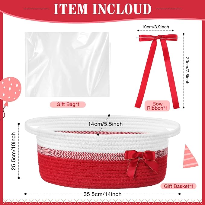 Colingmill 1 Set Woven Empty Basket for Gift,Red White | with Cellophane Wrap Set, 14 x 10 x 5.5 Inch, Medium Decorative Gift Basket, Cotton Rope Storage Box, Home Decor