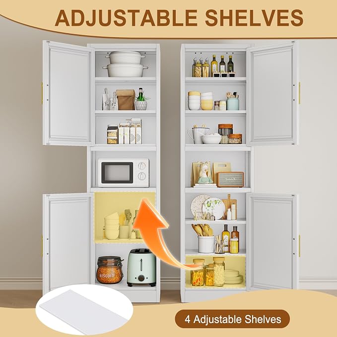 Tall Metal Narrow Bathroom Storage Cabinet 67" H, Tall White Pantry Cabinets with 4 Adjustable Shelves and 2 Doors for Kitchen, Home Office, Living Room, Dining Room(16 inches Wide)