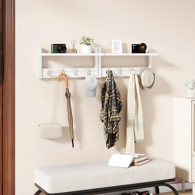 YMYNY Coat Rack Wall Mount with Shelf and Hooks, White UHWS001W-2 | 2 Pack Wooden Wall Mounted Coat Hanger with Shelf and 8 Double Hooks, Wall Coat Rack for Entryway Hallway Bedroom Bathroom