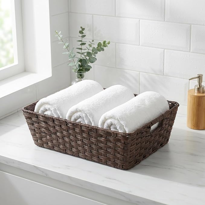 Large 2-Pack Plastic Wicker Storage Baskets, 17"x13"x5.5", Brown | onlytak woven bins for laundry, closet, living room, shelf organization, and even a cat bed – perfect home storage decor.