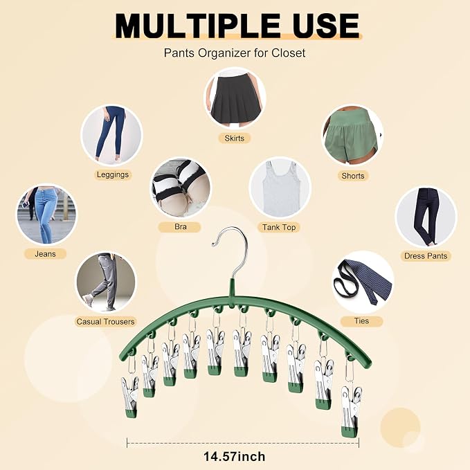 Legging Organizer for Closet, Metal Yoga Pants Hangers 2 Pack w/10 Clips Holds 20 Leggings, Space Saving Hanging Closet Organizer w/Rubber Coated Closet Organizers and Storage, Green