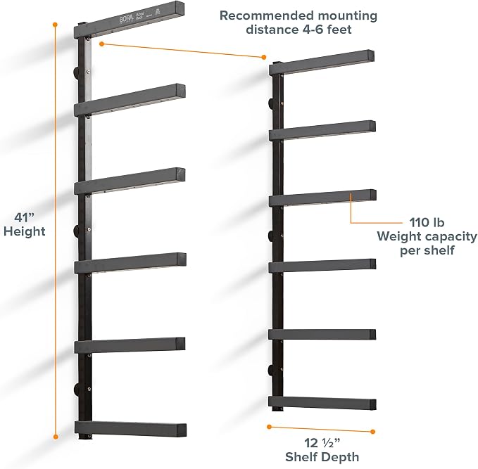 BORA Wood Rack, 6-Level Wall Mount Lumber Storage Rack for Wood Storage | Metal 6-level wall mount wood rack for lumber storage board storage and material shelving