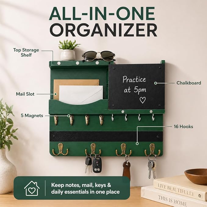 Key Holder for Wall Mount with Shelf and Mail Organizer, Key and Mail Holder with 16 Hooks, Farmhouse Entryway Organizer, Home Decor Rack (Pine Wood,Green)