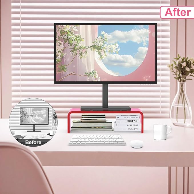 Acrylic Monitor Stand Riser Pink Laptop Stand Riser L15 xW7.5 xH4 | PC Holder,Compatible with All Notebooks and Monitor, Decoration for Office & Home,Pink Aesthetic Design,Office Supplies