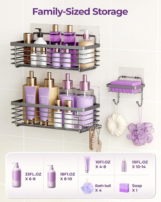 Shower Caddy Adhesive 3 Pack Stainless Steel Storage Organizers-Grey | No drilling wall mounted,rust-resistant,large capacity,quick drainage,easy to clean,suitable for bathrooms and kitchens