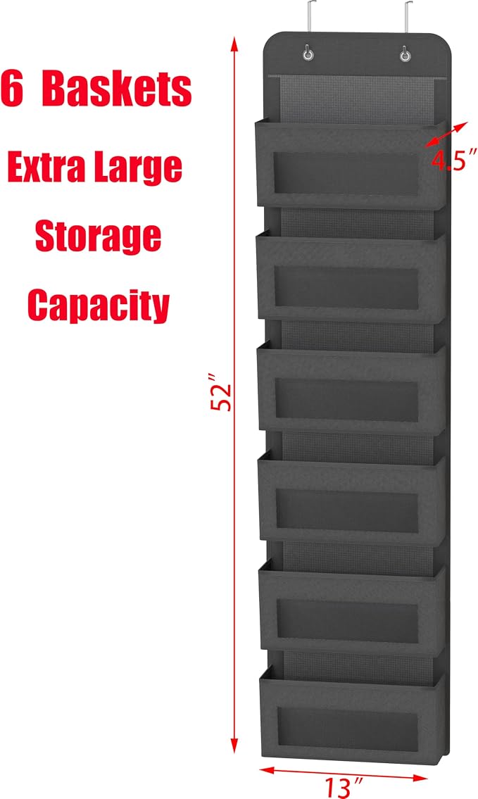Simple Houseware 6 Clear Pocket Over Door Hanging Organizer, Dark Gray | Over the Door Storage for Closet, Bedroom, Bathroom, Pantry
