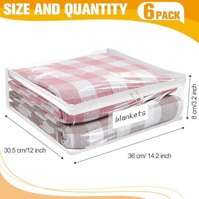 Kikerike Plastic Storage Bags with Easy-Glide Zipper, Pack of 6, Durable Clear Vinyl Zippered Storage Bags for Clothes Sweaters Comforters Blankets Sheets Bedding (14.2 x 12 x 3.2 Inch, White)