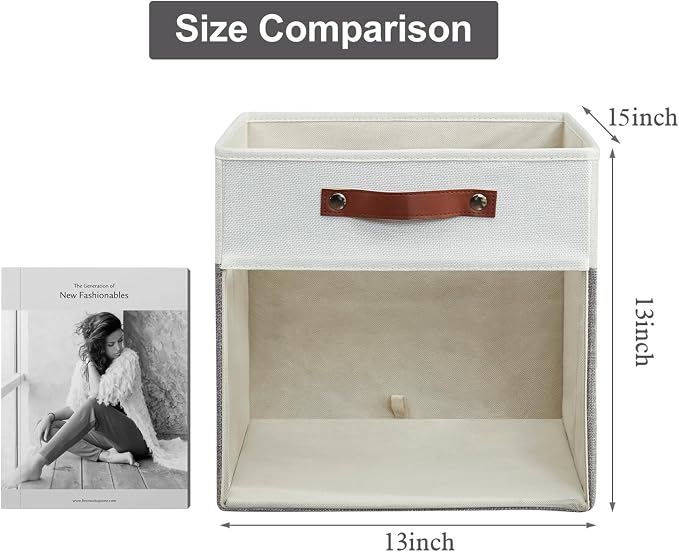 Storage Cubes, 4 Pack Linen Foldable Storage Bins with Clear Window and 2 Handles, 13x15x13 Storage Cube Bins for Shelf Closet, Kallax, Clothes, Books - (Gray / Off-White)