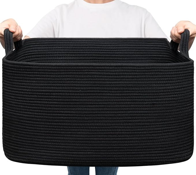 Goodpick Large Woven Blanket Storage Basket, Rectangle Storage, Black | 21.6 x 14.9 x 11.8 in, Reinforced Handles, Blankets, Toys & Pillows Storage, Living Room, Bedroom & Nursery Organization