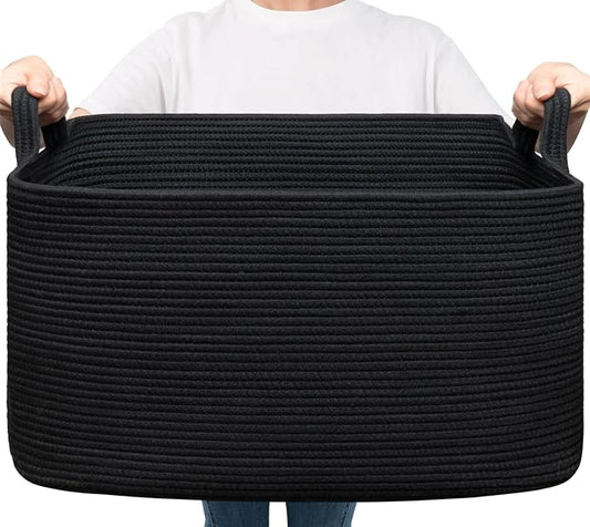 Goodpick Large Woven Blanket Storage Basket, Rectangle Storage, Black | 21.6 x 14.9 x 11.8 in, Reinforced Handles, Blankets, Toys & Pillows Storage, Living Room, Bedroom & Nursery Organization