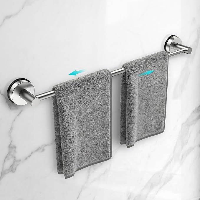 Adjustable Suction Cup Towel Bar for Bathroom Wall,17 Inch~29 Inch Towel Racks for Bathroom,Stainless Steel Bath Towel Holder for Shower(Brushed Silver)