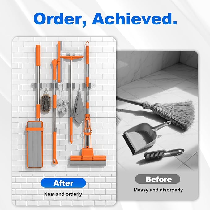 Broom Holder Wall Mount Mop Organizer, 4 Racks 3 Hooks, 2 Pack | Premium Stainless Steel Mop Holder Storage Tool Utility Racks Solid for Home Kitchen Garden Laundry Garage