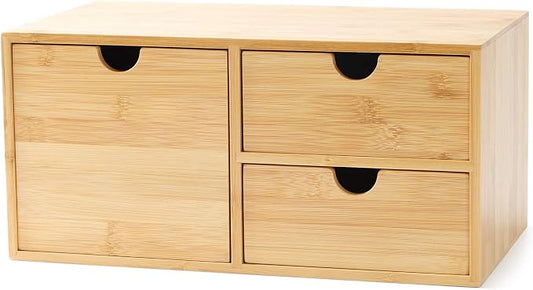Bamboo Desk Drawer Organizer, Desktop Organizer with Drawers(3 Drawers) | 3 Drawers Open Top Tray Fully Assembled Stores Pens, Notes, Makeup, Jewelry & Toiletries for Office, Vanity & Bath